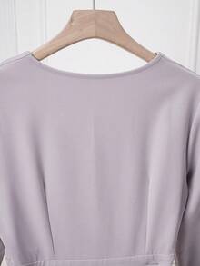 SHEIN Franclia 女式纯色纽扣装饰 V 领长袖超长连衣裙 - 淺灰紫 - 查看 4