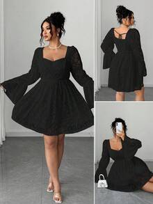 Elenzga Plus Size Women Lace Square Neck Long Sleeve Short Party/Date Dress - Black - View 1