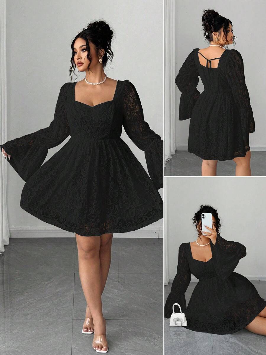 Elenzga Plus Size Women Lace Square Neck Long Sleeve Short Party/Date Dress - Black - View 1