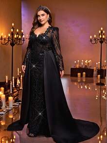 Glamrae 加大码优雅浪漫黑色深 V 不对称领口长袖透明奢华串珠网眼拼接紧身美人鱼下摆缎面荷叶边连衣裙，适合派对、庆典、婚礼、正式晚礼服 - 黑色 - 查看 7