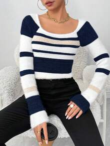 EMERY ROSE Women's Contrast Color Minimalist Pullover Sweater, Everyday Wear - Multicolor - View 6