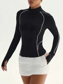 Dewbera Contrast Stitching Stand Collar Long Sleeve Sports Jacket - Black - View 4