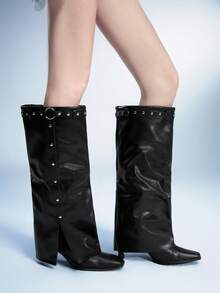Sugerpunk Women's Round Metal Buckle Studded Decor Square Toe Stiletto Heel Tall Boots - Black - View 5
