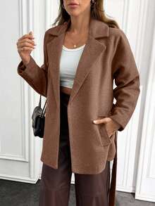 EURMUSE Women's Solid Belted Short Good Quality Elegant Wool Coat - Brown - View 4