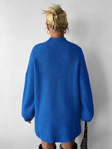EURMUSE Women Solid Color Stand Collar Front Short Back Long Casual Long Sleeve Knit Sweater - Dusty Blue - View 2