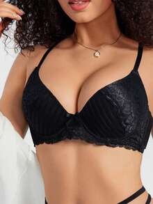 1pc Women's Lace Patchwork Black Underwire Bra
