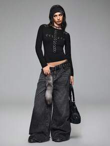 ROMWE Grunge Punk Áo thun tay dài bó sát thiết kế kim loại Punk Kpop - màu đen - Xem 2