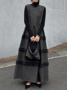 FRIFUL Women's Solid Color Mesh Patchwork Round Neck Sleeveless Dress