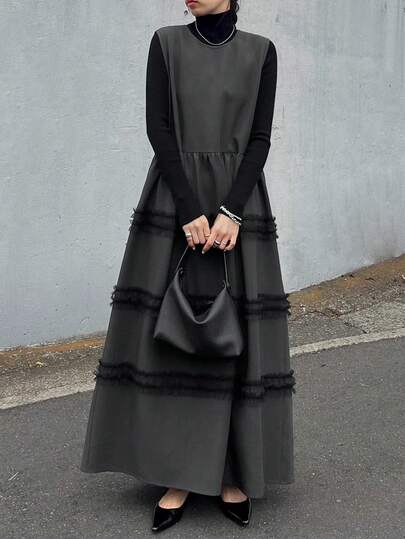 FRIFUL Women's Solid Color Mesh Patchwork Round Neck Sleeveless Dress