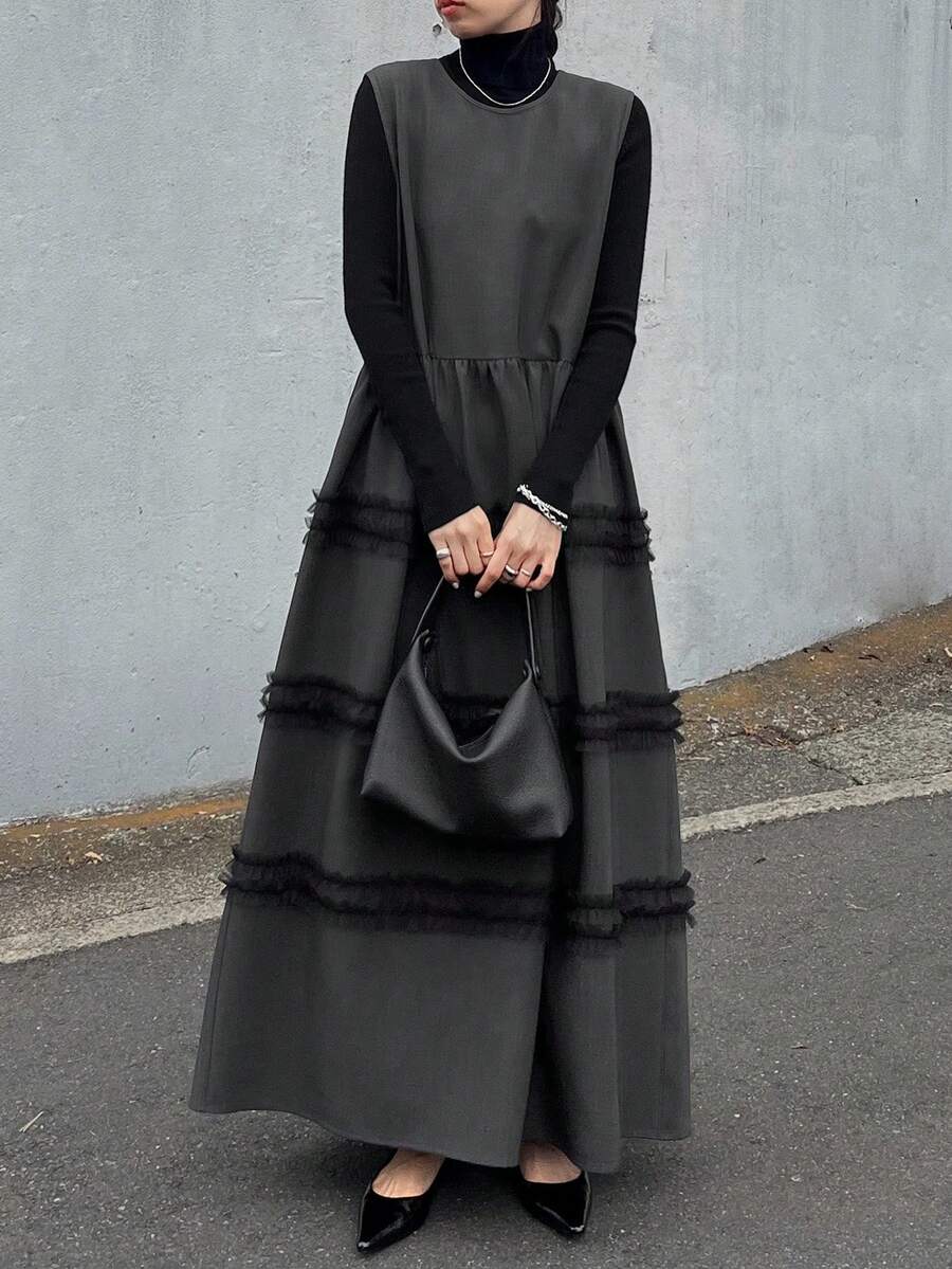 FRIFUL Women's Solid Color Mesh Patchwork Round Neck Sleeveless Dress