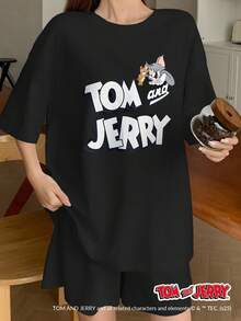 TOM AND JERRY X DAZY 女士休闲超大图案印花短袖 T 恤和短裤睡衣套装 - 黑色 - 查看 6