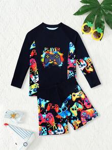 2pcs Tween Boy Cartoon Game Console Print Long Sleeve Top + Shorts Swimsuit Set, Beach/Vacation - Black - View 3