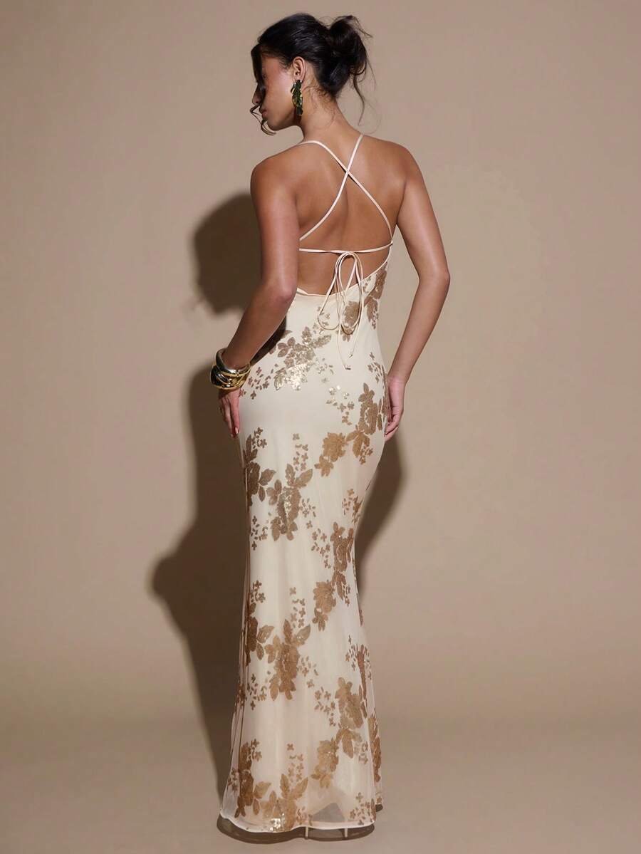 SHEIN BAE 香槟色亮片刺绣露背系带鱼尾下摆优雅女士连衣裙，适合派对、圣诞节、感恩节、节日、鸡尾酒会、夜间外出 - 香檳色 - 查看 1