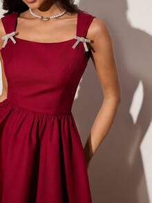 Enchnt Women's Elegant Burgundy Red Rhinestone Bow Decor Mini Dress, Summer Sleeveless Minimalist Chic&Elegant For Date&Formal Party Everyday Wear - Burgundy - View 3