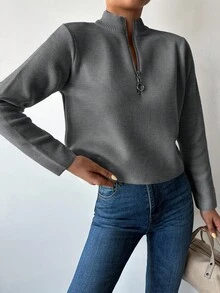 SHEIN Cottnline 女士纯色半拉链立领休闲长袖毛衣 - 深灰色 - 查看 5