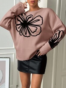 EURMUSE Casual Loose Fit Crew Neck Sweater With Contrast Embroidery, Autumn/Winter - Dusty Pink - View 4