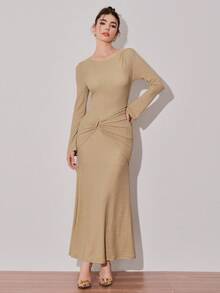 Modelyn Vestido ajustado con cintura fruncida y dobladillo de cola de sirena con acabado metálico brillante, para primavera/otoño - Dorado - Ver 3