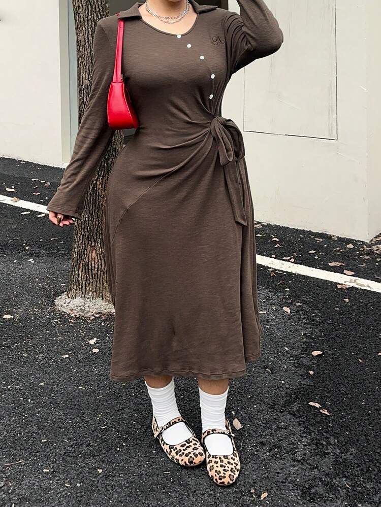Dazy Plus Plus Size Women Elegant Solid Color Belted Dress, Stretchy Fitted Waist, Suitable For Party, Spring/Autumn Maxi Dress