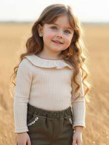 Blossori 女童法式优雅荷叶边领长袖T恤 - 杏色 - 查看 1