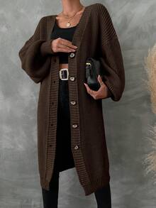EURMUSE 女式纯色落肩长袖单排扣休闲开衫，秋冬款 - 棕色 - 查看 3