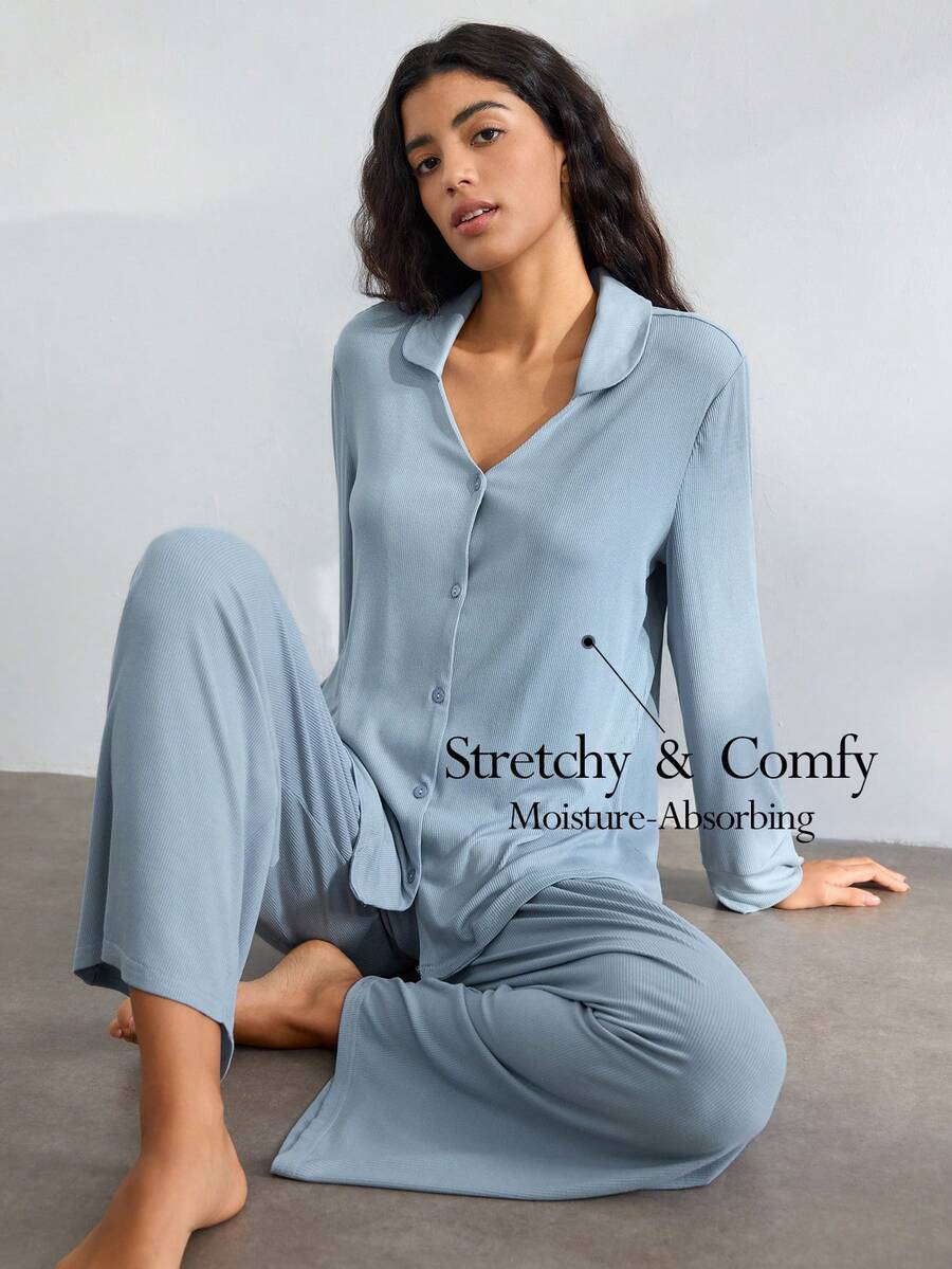 Ocili 休闲女士长袖纯色衬衫和长裤套装，舒适居家休闲服，适合假日、秋冬季穿着，舒适优雅。