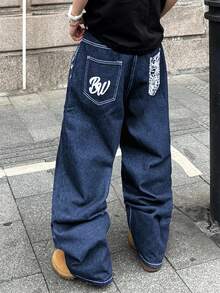 PAVTROS 男士休闲日常字母印花宽松阔腿牛仔裤 - 中等水洗藍 - 查看 1