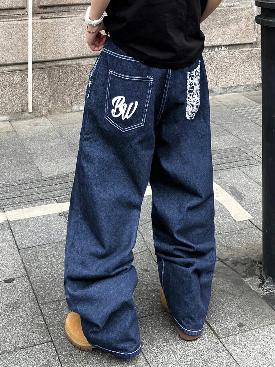 PAVTROS 男士休闲日常字母印花宽松阔腿牛仔裤 - 中等水洗藍 - 查看 1