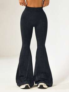 Dewbera 1pc Women's Washed Textured Linen Blend V-Back Yoga Fitness Exercise Dance Flare Pants - Black - View 4