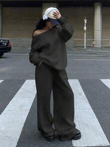 SHEIN EZwear 2 件套女士超大露肩宽松休闲运动衫和阔腿羊毛运动裤套装，适合秋冬季 - 深灰色 - 查看 6