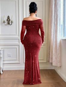 Roveilla Vestido de fiesta maxi ajustado con hombros descubiertos y adornos de strass para tallas grandes - Burdeos - Ver 2