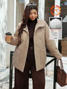 Vionelle Plus Size Big Pocket Quilted Long Sleeve Casual Basic Coat With Belt For Women Winter/Autumn Jacket Outerwear,Hiking Clothes - Khaki - View 5