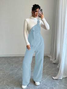 Elenzga Bộ đồ liền thân vải nhung kẻ đơn sắc tối giản hàng ngày dành cho nữ - Màu xanh nhạt - Xem 3