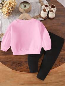 Ensemble 2 pièces pour jeunes filles, décontracté, chic et minimaliste, motif lettres d'amour et cœurs, col ras du cou, manches longues, sweat-shirt et leggings, automne/hiver, idéal pour les sorties quotidiennes et l'école.