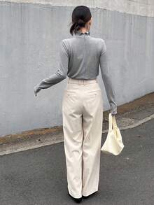 FRIFUL Camiseta holgada y versátil de mujer con cuello alto, abertura en la espalda, manga larga, tejido acanalado y costuras en contraste, para otoño/invierno - Gris - Ver 2