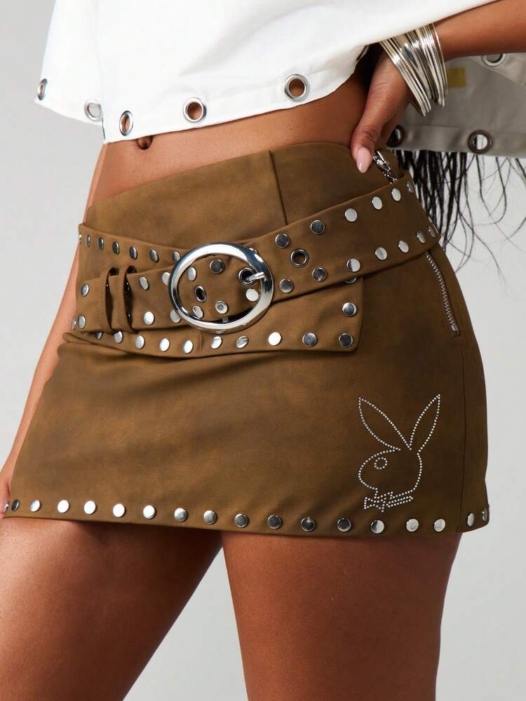 Missguided x Playboy Jupe mini  cloutée avec détail de ceinture pour femmes, mode automne-hiver