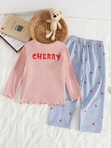 Young Girl' Navy Blue Cherry Print Long Sleeve Top & Ribbed Pants Pajama Set - Pink - View 2
