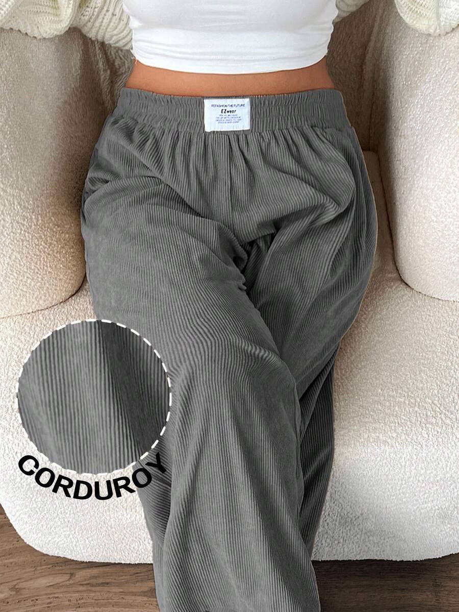 SHEIN EZwear Quần ống rộng cạp cao dáng rộng cỡ lớn dành cho nữ, vải nhung kẻ có túi và thiết kế miếng vá, phù hợp mặc ở trường học, mặc hàng ngày, làm việc trong nhà, màu xám nhạt, mùa thu/đông - Màu Xám nhạt - Xem 1