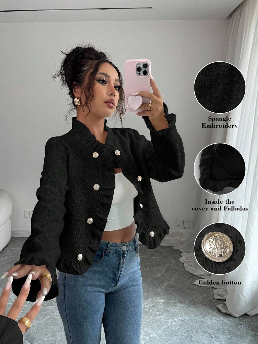 Elenzga 时尚优雅的通勤荷叶边拼布夹克 - 黑色 - 查看 1