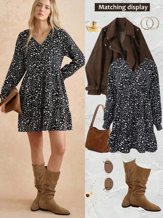 Écloséra Women's French Style Black Ditsy Floral Long Sleeve V-Neck High Waist Babydoll Dress, Autumn/Winter