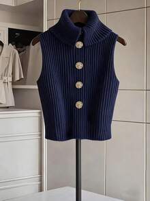 GlowEve 女士休闲日常通勤简约纯色高领金属纽扣装饰无袖毛衣背心，秋冬