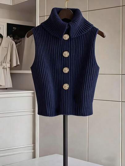 GlowEve Women's Casual Everyday Commute Simple Solid Color High Neck Metal Button Decor Sleeveless Sweater Vest, Autumn/Winter