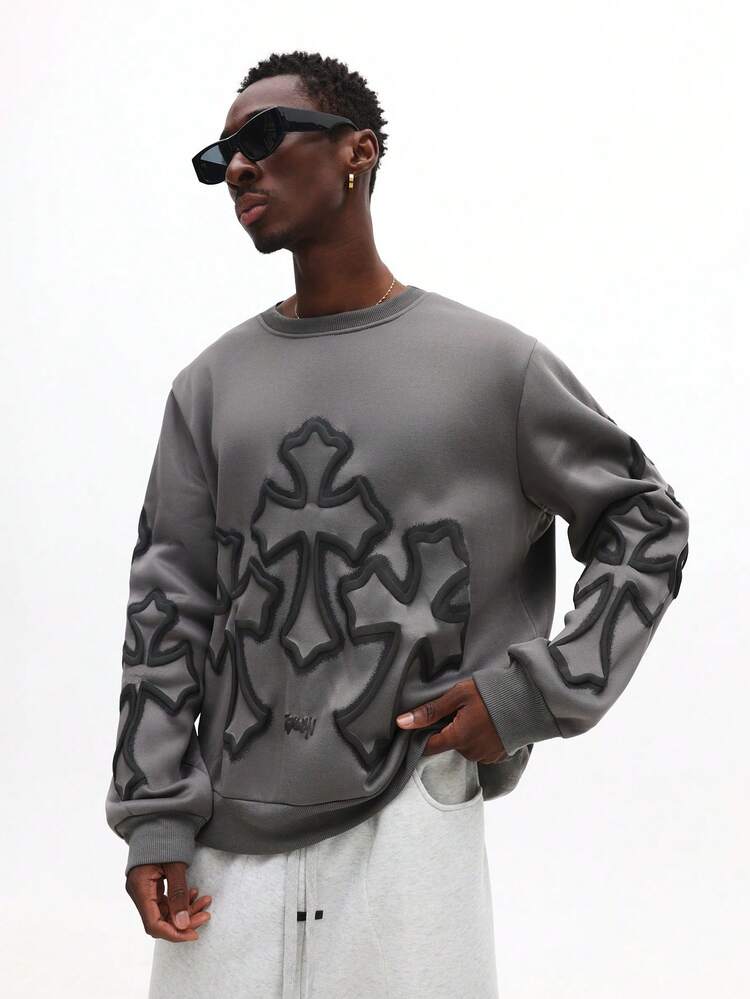 Bluza oversize z okrągłym dekoltem i nadrukiem krzyżowym