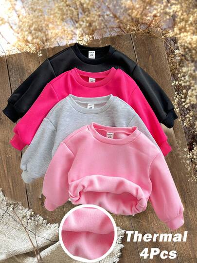 SHEIN Young Girl 4pcs/Set Young Girl Cute Solid Color Thermal Lined Long Sleeve Sweatshirt, Suitable For Autumn And Winter,Halloween,Christmas,School Daily,Vocation,Holidays.
