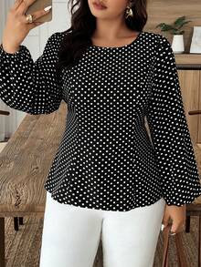 Weeklong Plus Size Black Polka Dot Backless Tie Front Long Sleeve Blouse - Black and White - View 2
