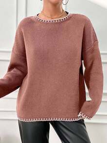 EURMUSE Women Dropped Shoulder Round Neck Long Sleeve Loose Casual Sweater, Autumn/Winter - Rusty Rose - View 4