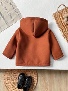 Baby Boys' Fashionable Minimalist Brown Button Patchwork Long Sleeve Hooded Overcoat, Suitable For Autumn/Winter, Everyday And Outdoor Wear