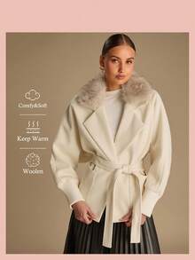 Enchnt Women's Elegant Cream White Fur Collar Woolen Jacket, Autumn Fashion Office Long Sleeves Coat For Date&Daily Commuting&Wedding Guest&Party - Apricot - View 3