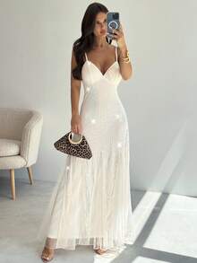 Firerie 女士优雅亮片和网眼拼布细肩带连衣裙 - 粉色 - 查看 6