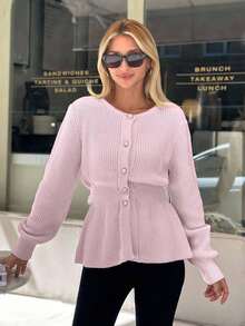 EURMUSE Women Solid Color Front Button Round Neck Cardigan,Cardigans,Long Cardigans Woman,Petite,Tall - Baby Pink - View 5