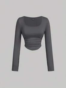 SHEIN MOD 3件套女士褶皱休闲方领长袖T恤套装，保暖衣物，秋季，外出上衣，假日，新年，白色上衣，女士秋季服装，女士红色上衣 - 酒紅色 - 查看 6